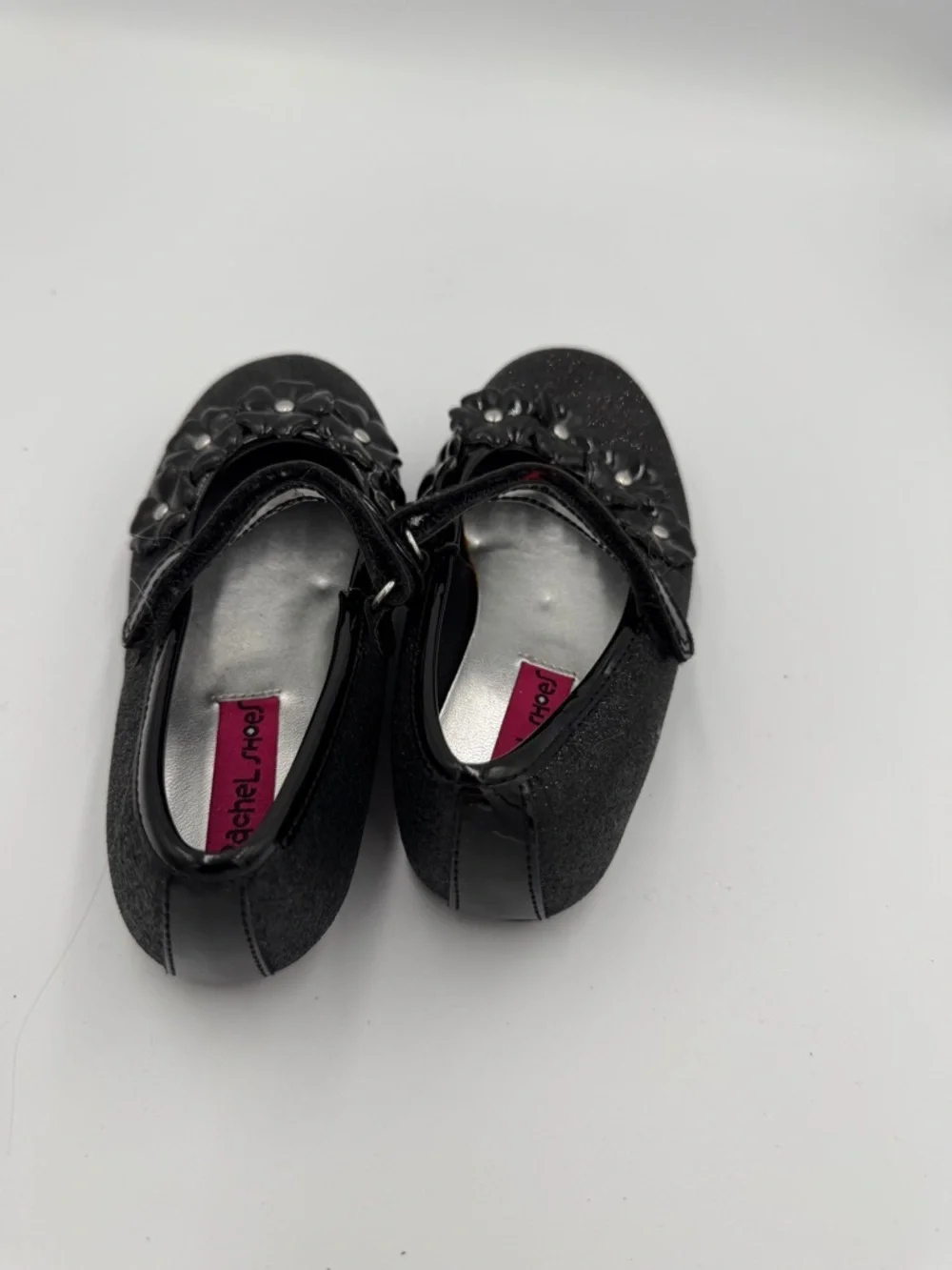 Rachel Shoes Toddler Girls 10 Formal Black Glitter Mary Jane Flats Floral Trim